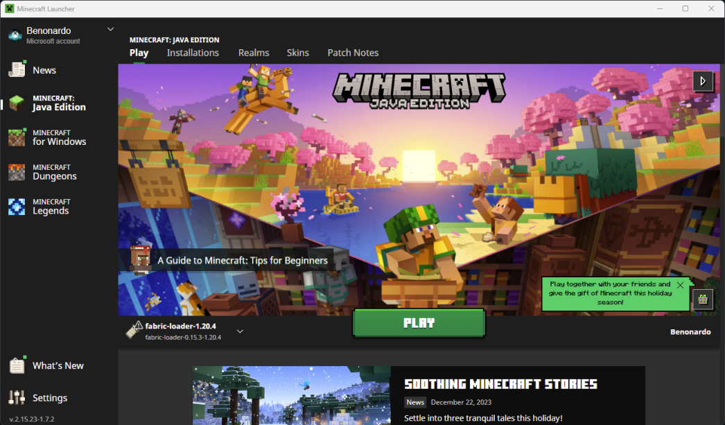 Minecraft Launcher com o perfil Fabric selecionado.