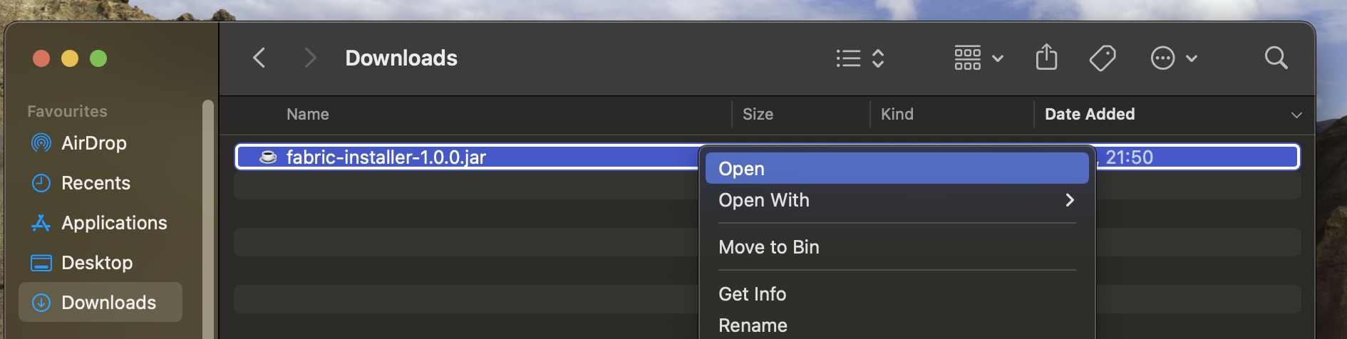 Menu de contexto do macOS no Instalador do Fabric.