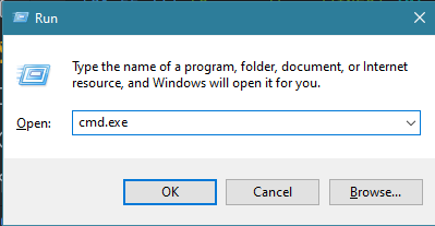 Caixa de diálogo Executar do Windows com "cmd.exe" na barra de execução.